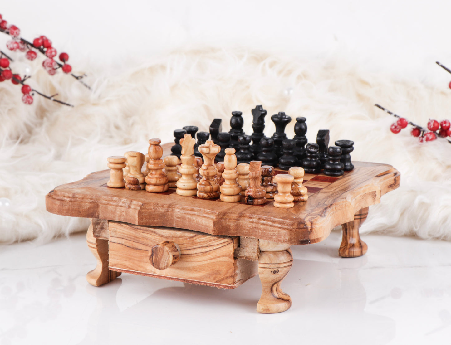 Wood Chess Set with Red Squares