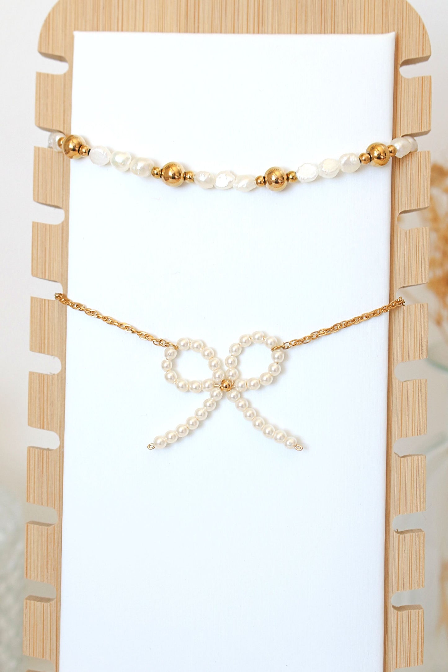 Pearl Bow Necklace, 24-Karat Gold plated