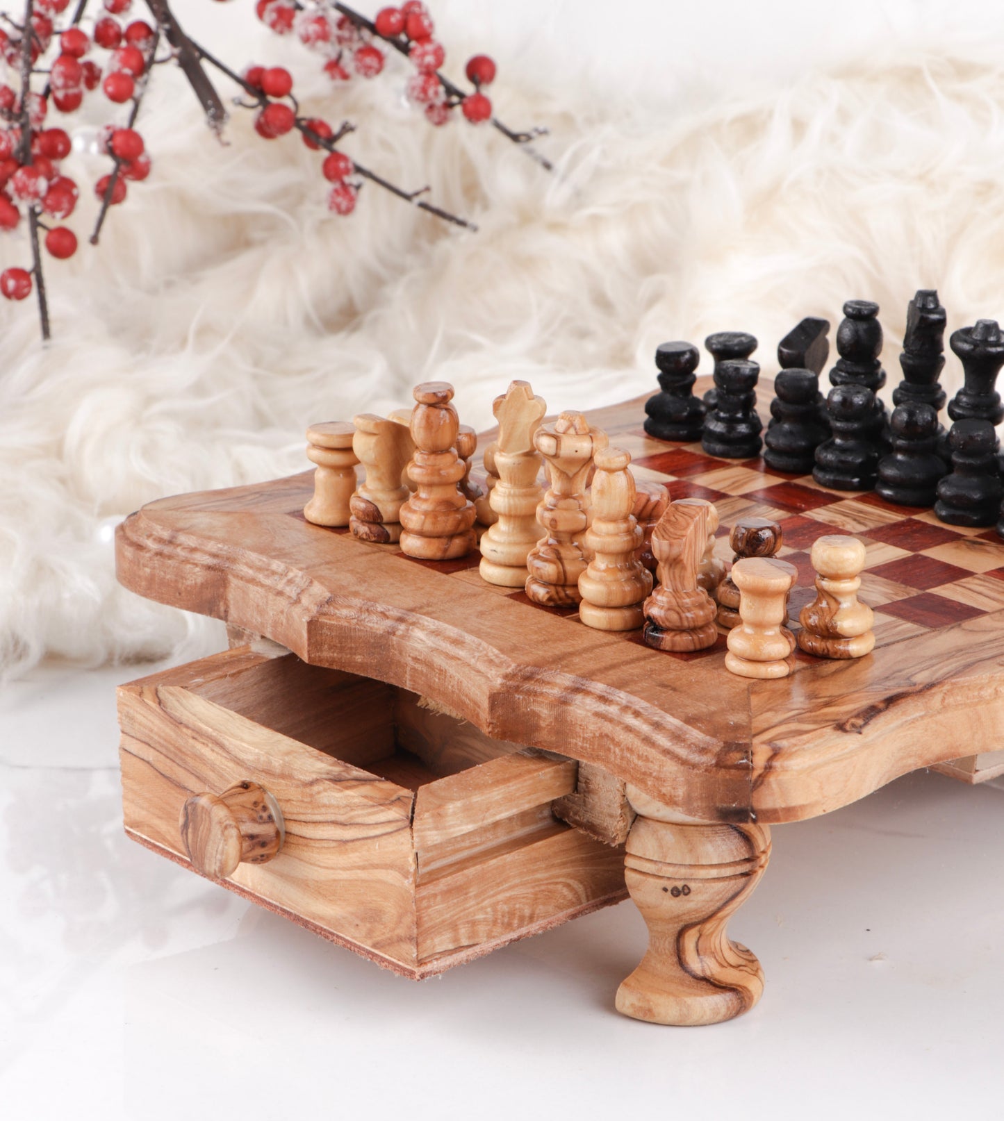 Wood Chess Set with Red Squares