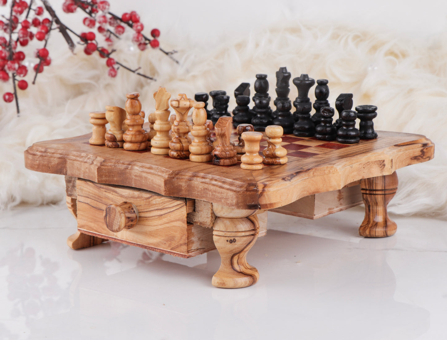 Wood Chess Set with Red Squares