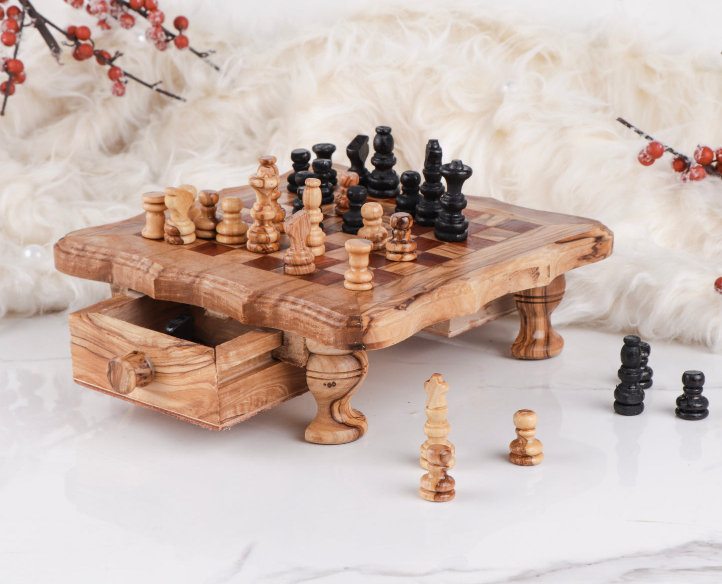 Wood Chess Set with Red Squares